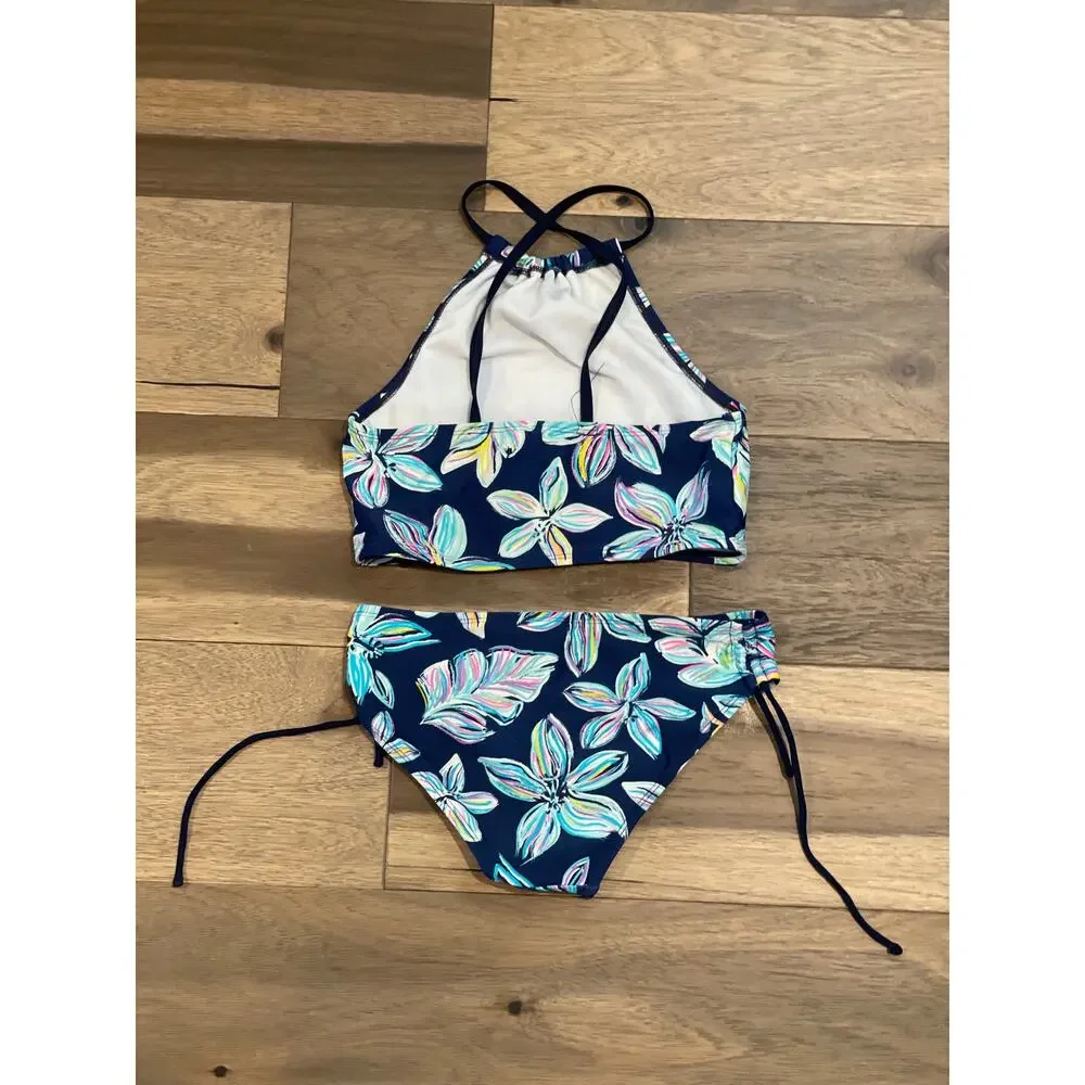 Kanu Girls 2 Piece Swimsuit Blue Floral Sz10 Cross Back Halter Matching Bottoms
